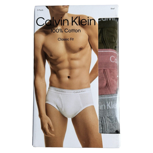 Calvin Klein Mens Brief 3 Pack Stretch Cotton Olive Green Red Gray Men's Size XL - Picture 1 of 3